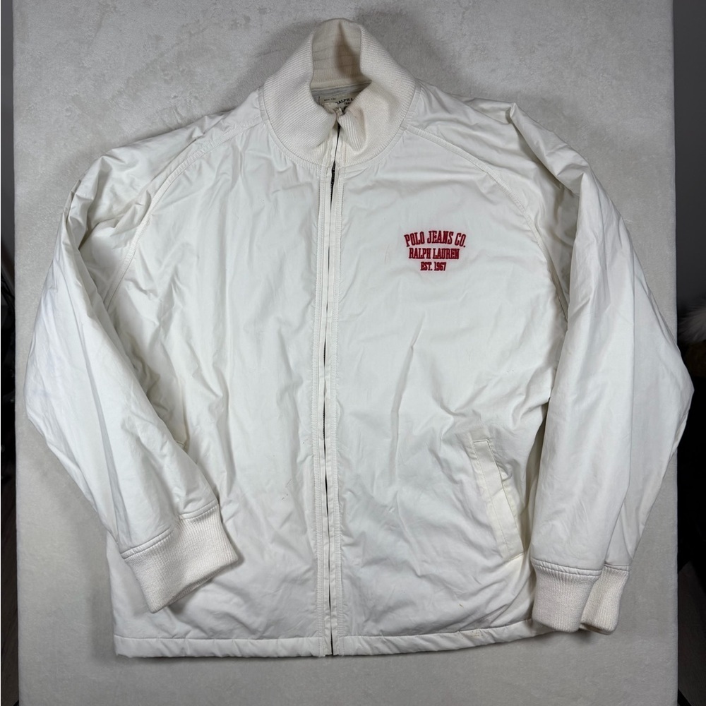 VTG Polo Ralph Lauren Polo Jeans Company XXL Cream Bomber Jacket with Red Logo